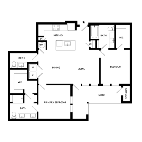 Floor plan for 2 beds, 2 baths, 1216 sqft